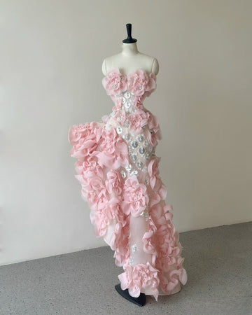 Niulatu High Low Strapless Tulle Pink Long Prom Dresses Party Dress SD2317